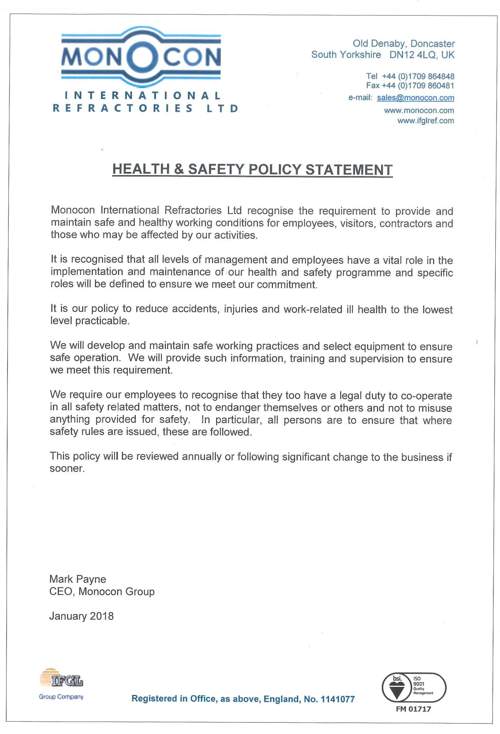 monocon health and safety policy 2018